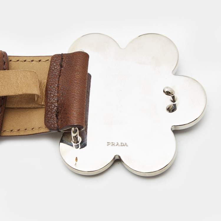 Pre Owned Prada Brown Leather Floral Embellished Metal Belt 85CM