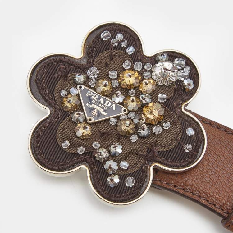 Pre Owned Prada Brown Leather Floral Embellished Metal Belt 85CM