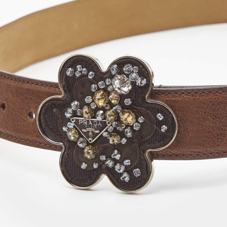 Pre Owned Prada Brown Leather Floral Embellished Metal Belt 85CM
