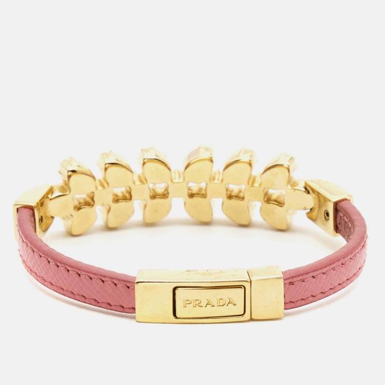 Pre Owned Prada Chic Crystals  Leather Gold Tone Bracelet S