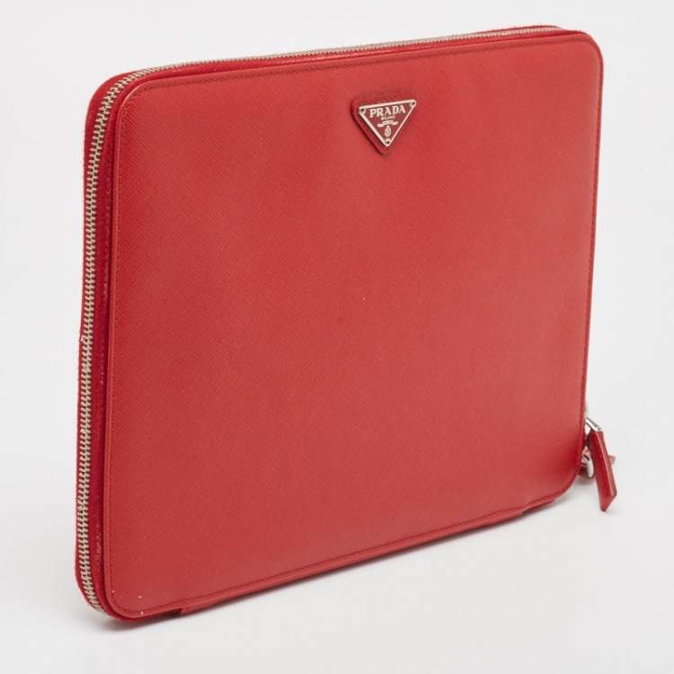 Pre Owned Prada Red Saffiano Lux Leather Zip Around iPad Case