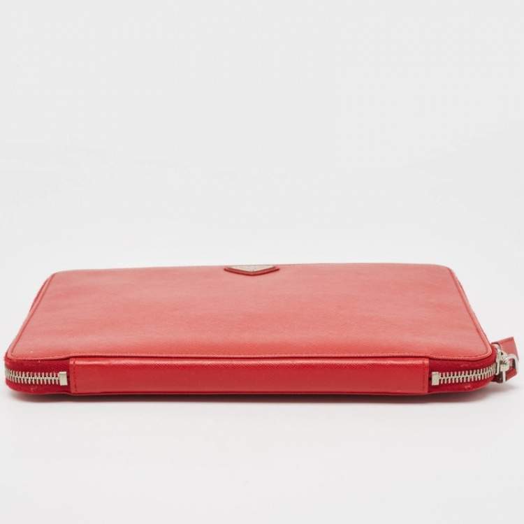 Pre Owned Prada Red Saffiano Lux Leather Zip Around iPad Case