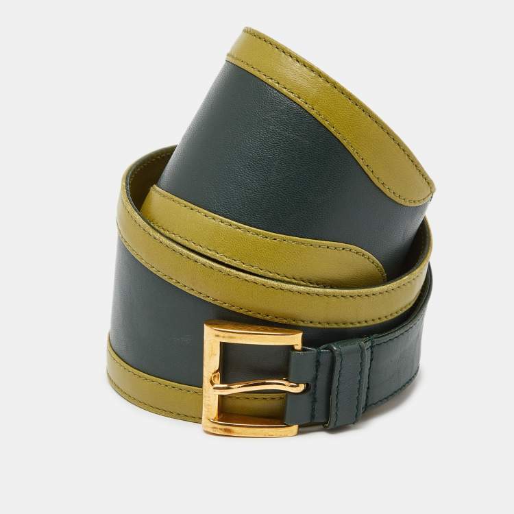Pre Owned Prada Two Tone Green Leather Wide Buckle Belt 80CM