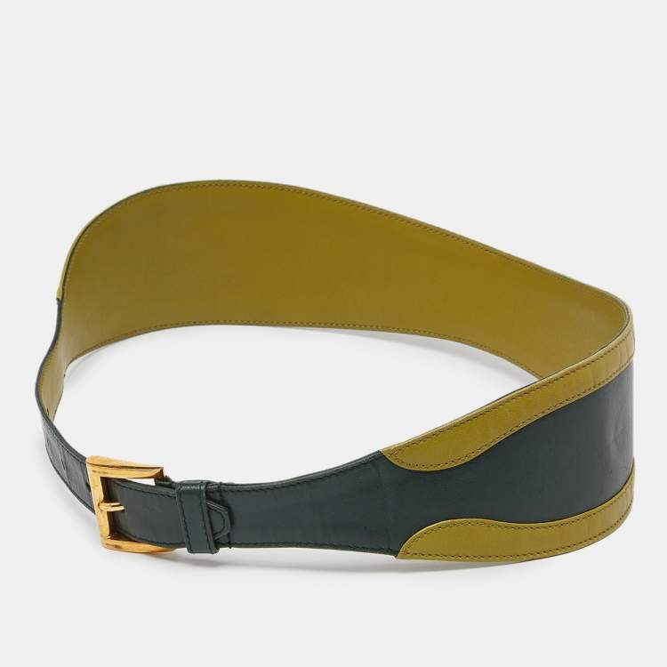 Pre Owned Prada Two Tone Green Leather Wide Buckle Belt 80CM