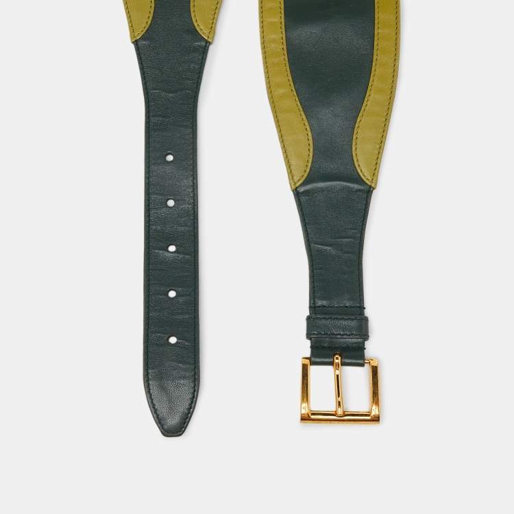 Pre Owned Prada Two Tone Green Leather Wide Buckle Belt 80CM