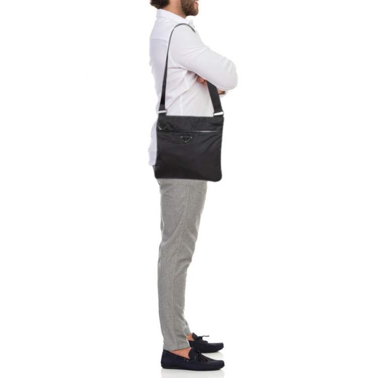 Pre Owned Prada Black Nylon and Leather Triangular Logo Messenger Bag