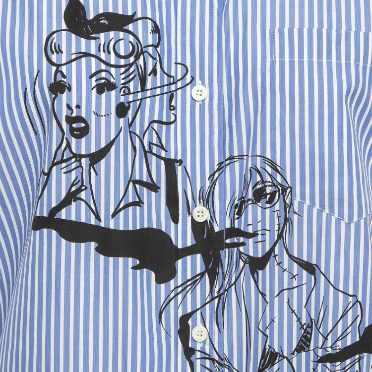 Pre Owned Prada Blue Comic Print Poplin Striped Sleeveless Shirt M