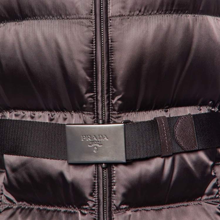 Pre Owned Prada Brown Synthetic Belted Zip-Up Quilted Down Jacket M
