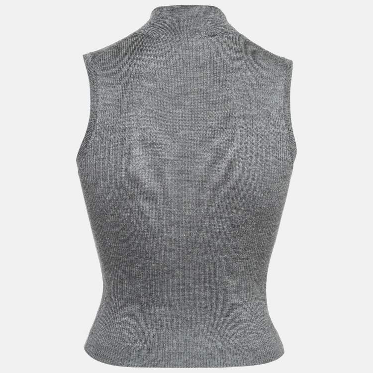 Pre Owned Prada Grey Rib Knit Zipper Sleeveless Top M