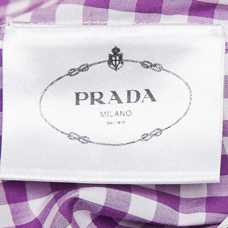 Pre Owned Prada Purple Gingham Cotton Bow Detail Belted Midi Dress M