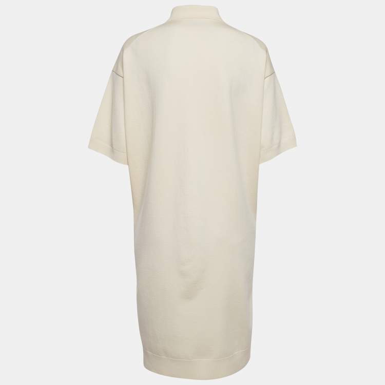 Pre Owned Prada Cream Wool Knit Polo Collar Midi Dress S