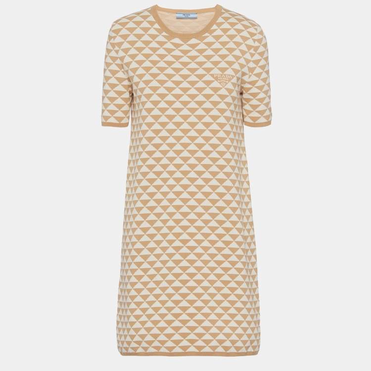 Pre Owned Prada Beige Jacquard Cotton Knit Crewneck Mini Dress M