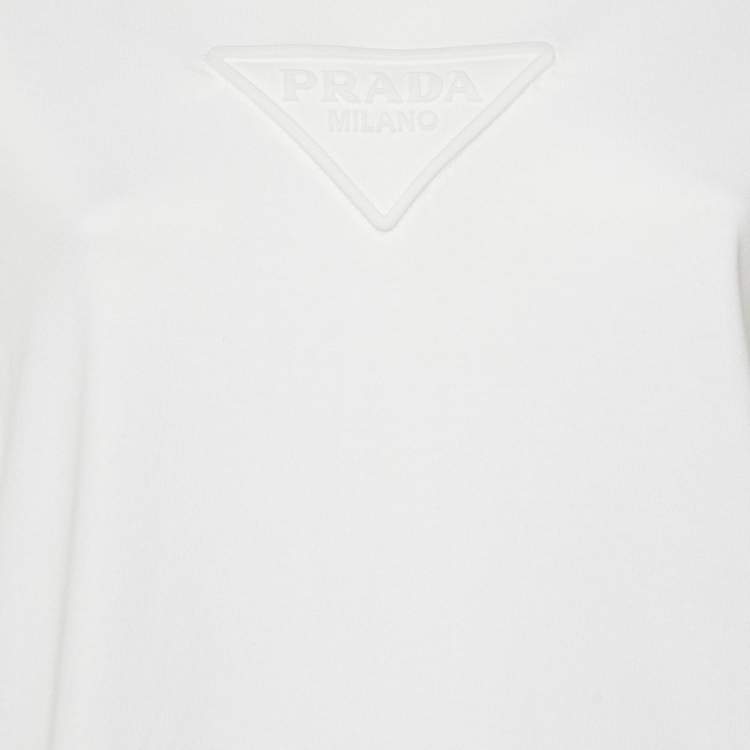 Pre Owned Prada White 3D Logo Interlock Cotton Crew Neck T-Shirt L