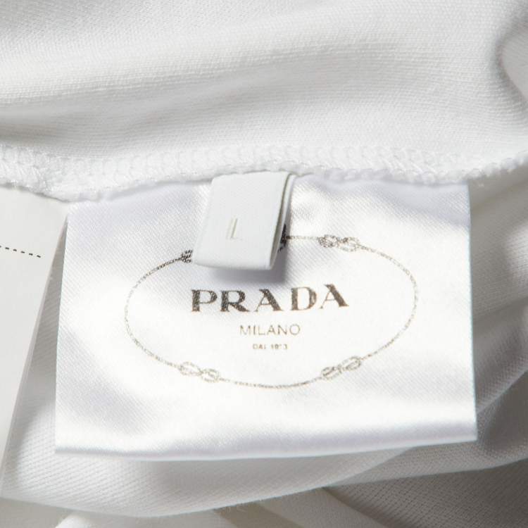 Pre Owned Prada White 3D Logo Interlock Cotton Crew Neck T-Shirt L