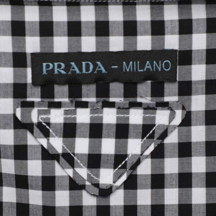 Pre Owned Prada White/Black Gingham Pattern Cotton Off The Shoulder Shirt M