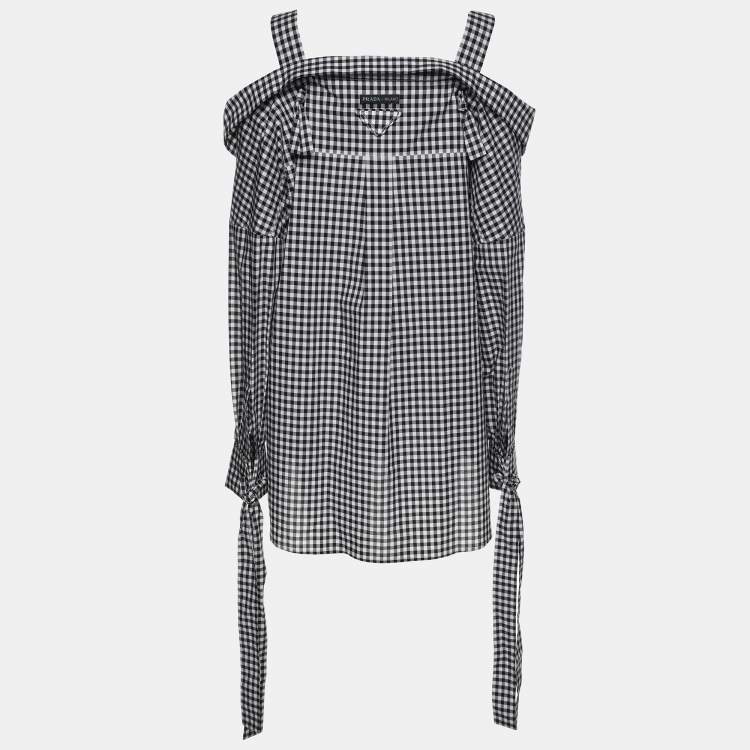 Pre Owned Prada White/Black Gingham Pattern Cotton Off The Shoulder Shirt M