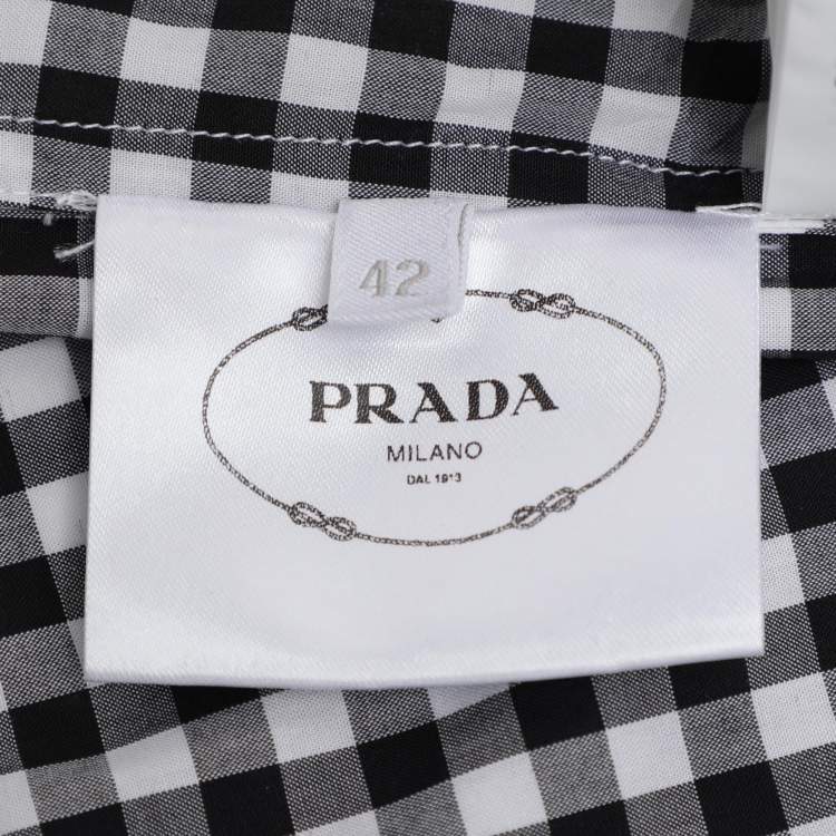 Pre Owned Prada White/Black Gingham Pattern Cotton Off The Shoulder Shirt M