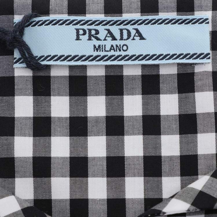 Pre Owned Prada White/Black Gingham Pattern Cotton Off The Shoulder Shirt M