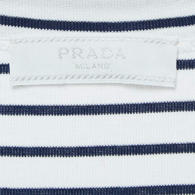 Pre Owned Prada White Striped Cotton Triangle Logo Detail Tank Top XL