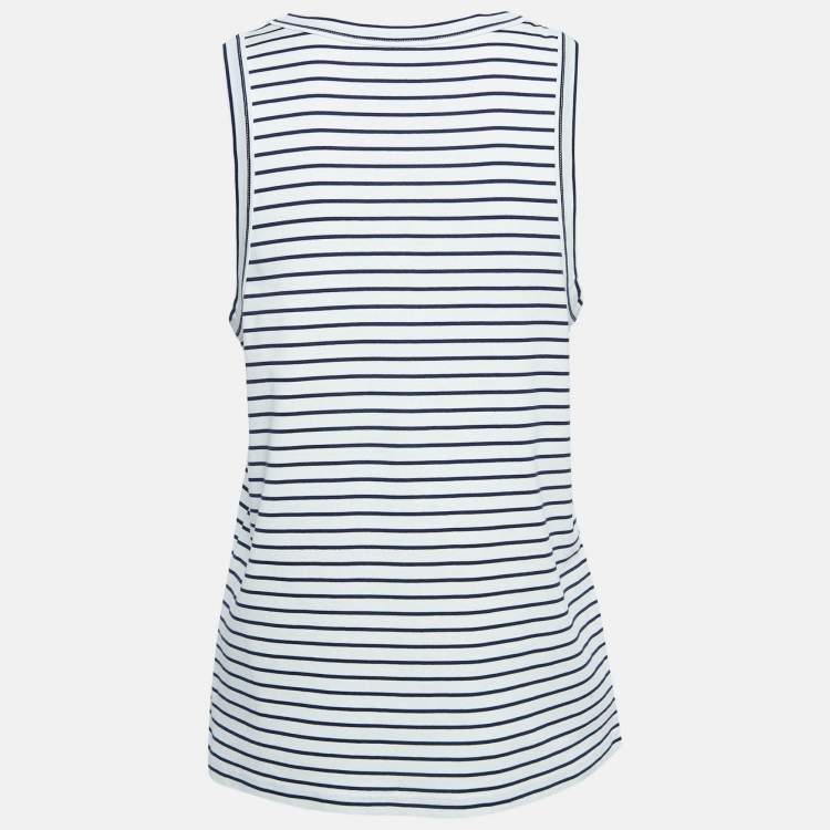 Pre Owned Prada White Striped Cotton Triangle Logo Detail Tank Top XL