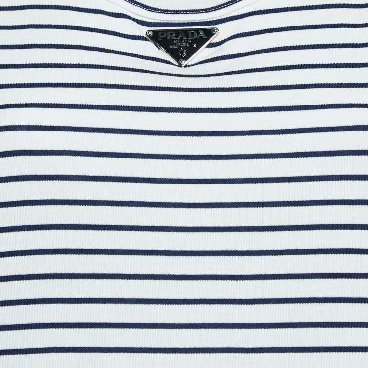 Pre Owned Prada White Striped Cotton Triangle Logo Detail Tank Top XL