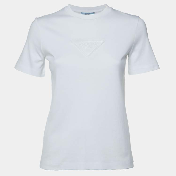 Pre Owned Prada White Logo Embossed Cotton T-Shirt XXS