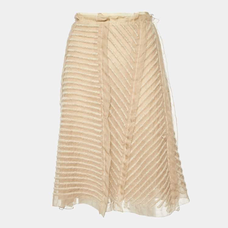 Pre Owned Prada Beige Embroidered Chiffon Midi Skirt M