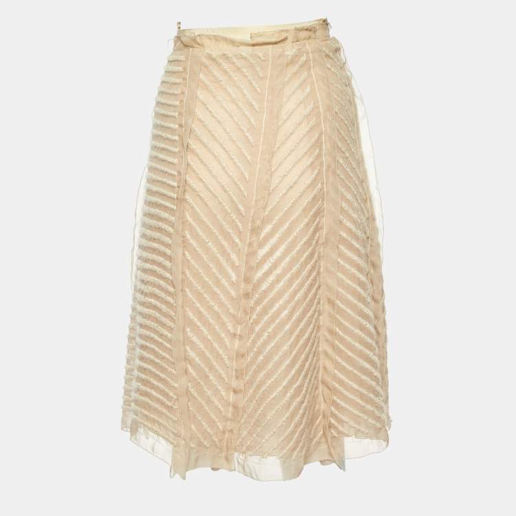 Pre Owned Prada Beige Embroidered Chiffon Midi Skirt M