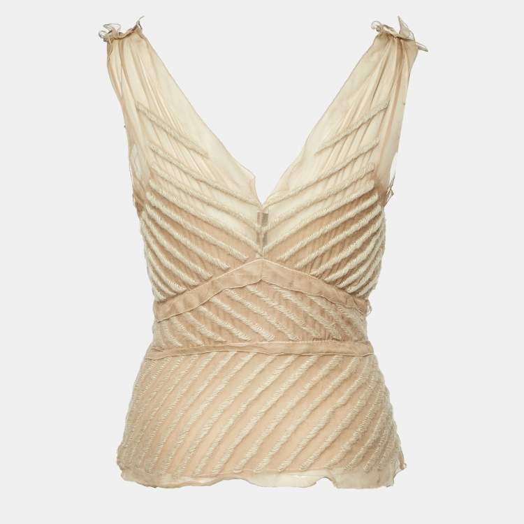 Pre Owned Prada Beige Embroidered Chiffon Silk Sleeveless Top S