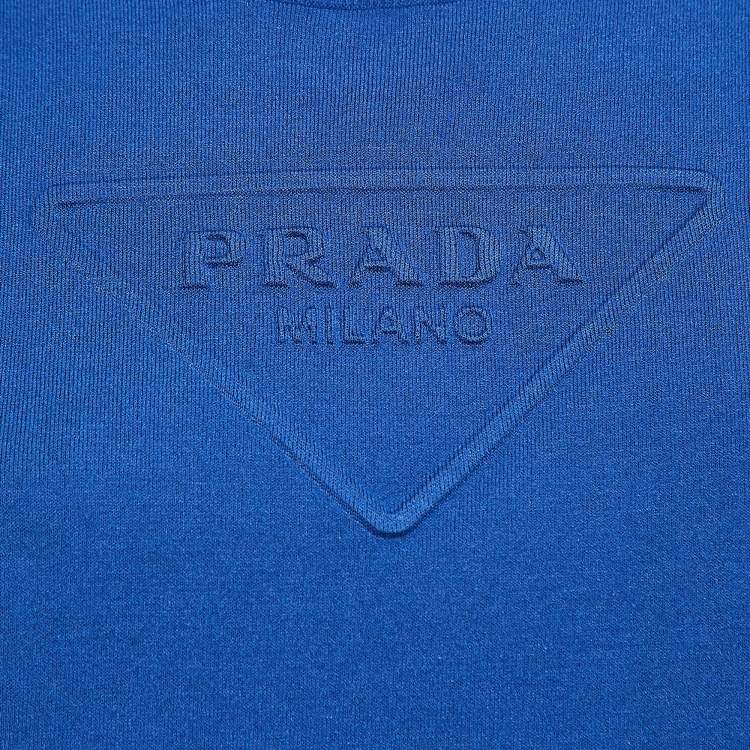 Pre Owned Prada Blue Logo Embossed Cotton Blend Knit Sleeveless Crop Top M