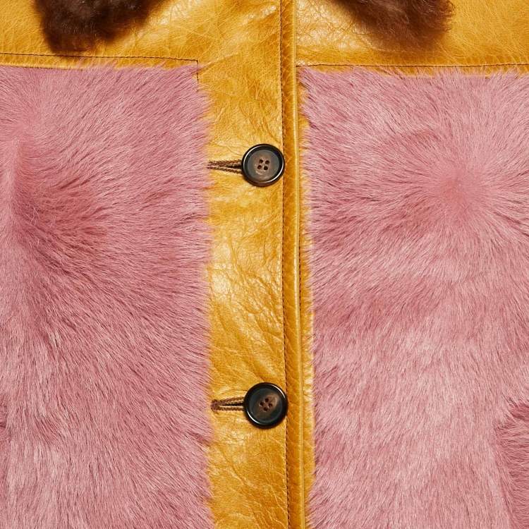 Pre Owned Prada Mustard Yellow Leather and Fur Paneled Jacket S