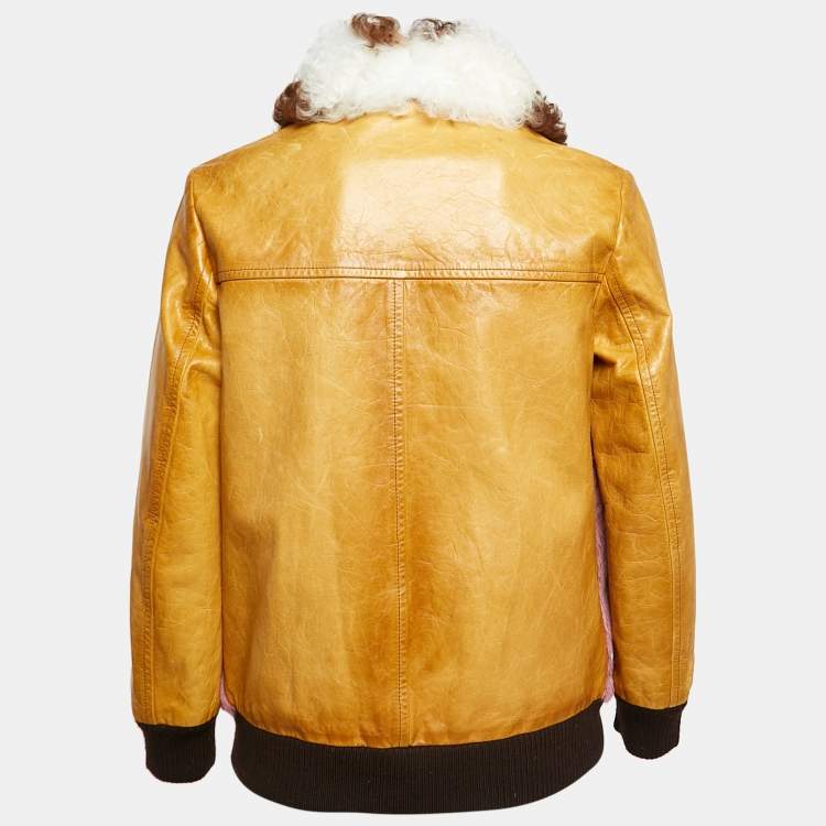 Pre Owned Prada Mustard Yellow Leather and Fur Paneled Jacket S