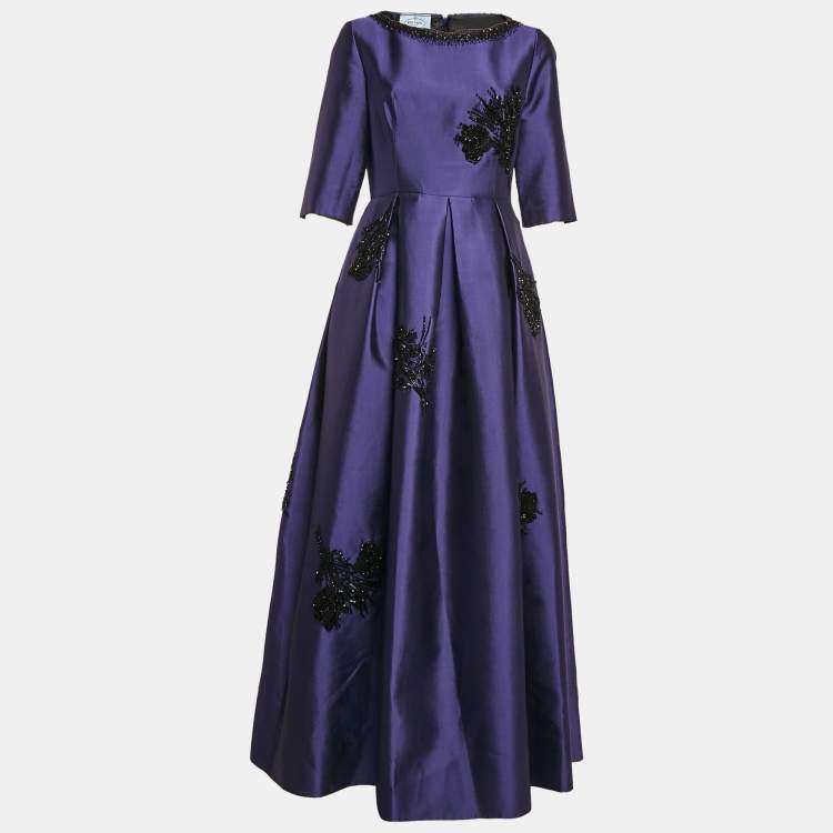 Pre Owned Prada Blue Bead Embellished Wool and Silk Pleated Gown M