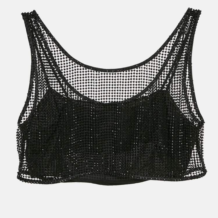 Pre Owned Prada Black Rhinestone Mesh Crop Top S