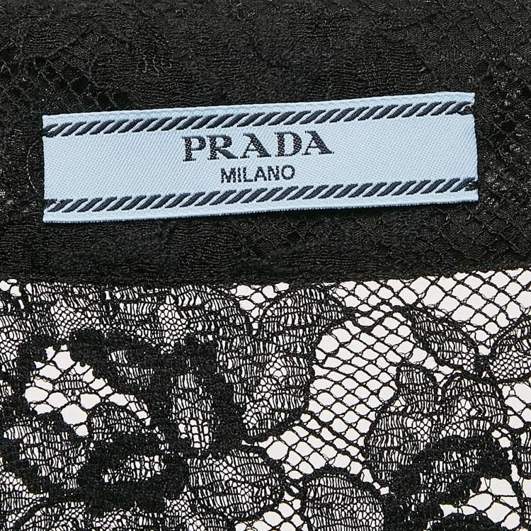 Pre Owned Prada Black Logo Embroidered Chantilly Lace Sheer Crop Shirt S