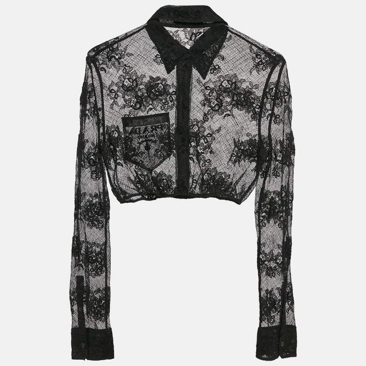 Pre Owned Prada Black Logo Embroidered Chantilly Lace Sheer Crop Shirt S