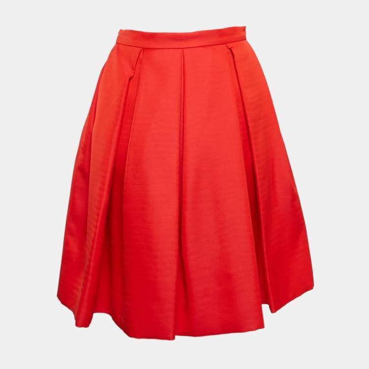 Pre Owned Prada Red Crepe Box Pleats Short Skirt XS