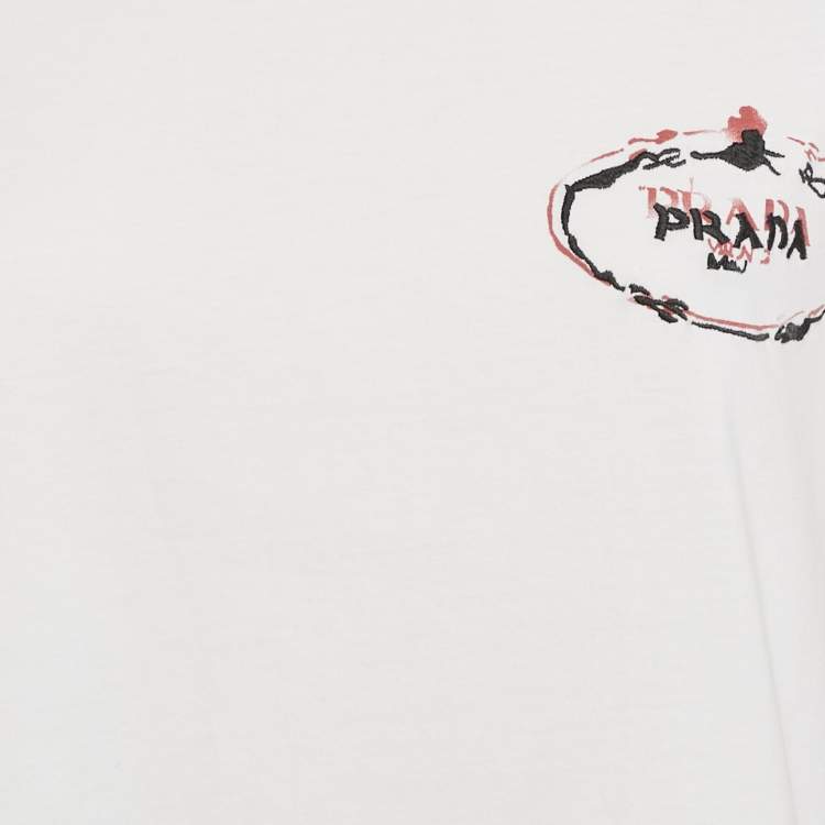 Pre Owned Prada White Logo Embroidered Jersey Crew Neck T-Shirt L