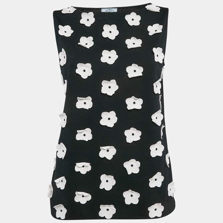 Pre Owned Prada Black Daisy Embroidered Cotton Knit Sleeveless Top M