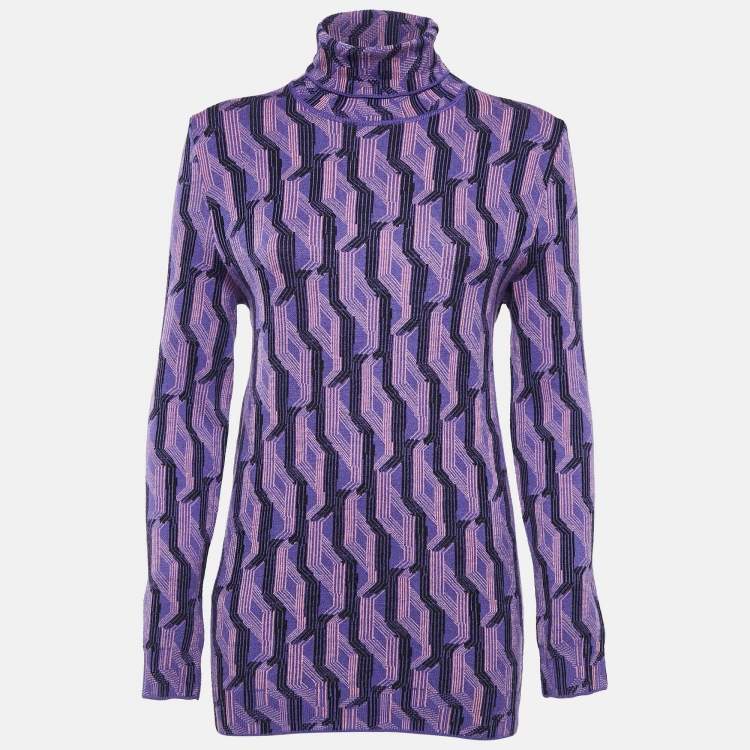 Pre Owned Prada Purple Patterned Knit Wool Turtle Neck Pullover M