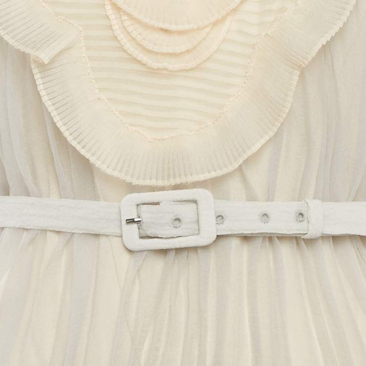 Pre Owned Prada Light Grey Plisse Organza Jabot Detail Dress M