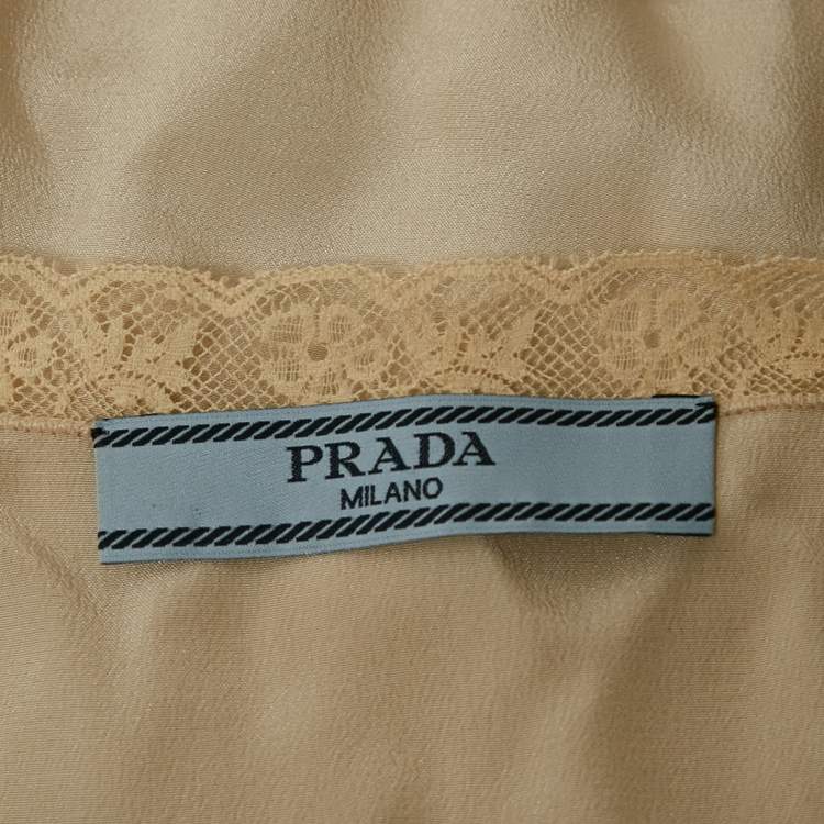 Pre Owned Prada Light Grey Plisse Organza Jabot Detail Dress M