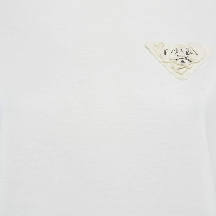 Pre Owned Prada White Cotton Floral Applique T-Shirt M