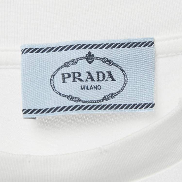 Pre Owned Prada White Logo Patched Detail Cotton Oversized Crew Neck T-Shirt S