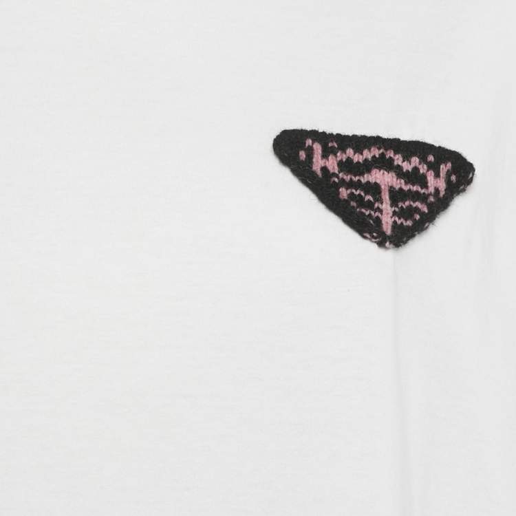 Pre Owned Prada White Logo Patched Detail Cotton Oversized Crew Neck T-Shirt S