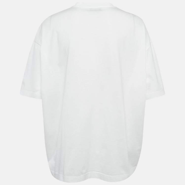 Pre Owned Prada White Logo Patched Detail Cotton Oversized Crew Neck T-Shirt S