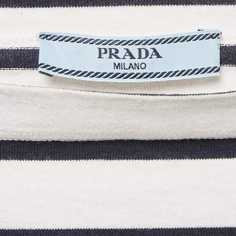 Pre Owned Prada White/Blue Stripe Cotton Knit Top L
