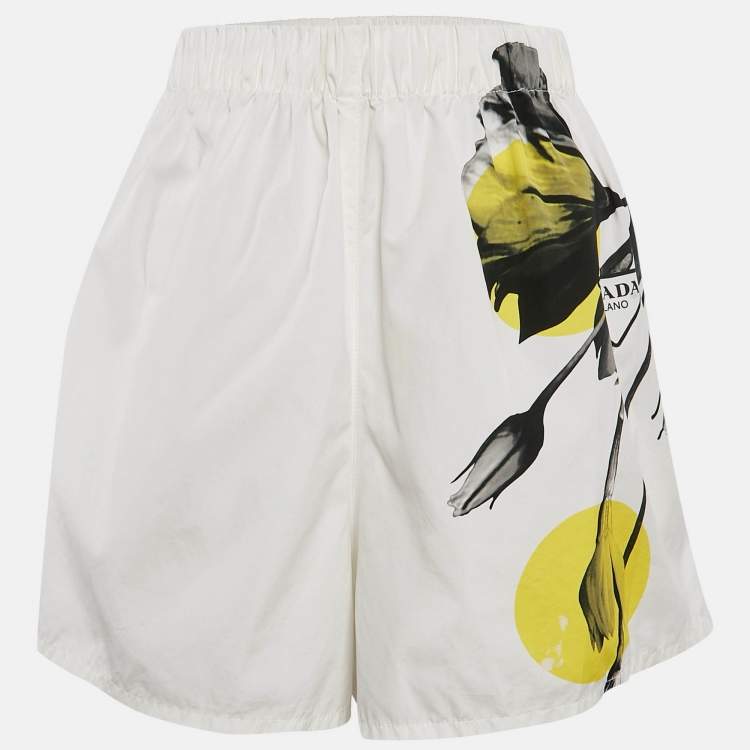 Pre Owned Prada White Printed Cotton Poplin Shorts L