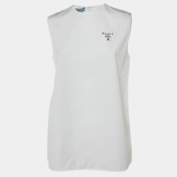 مملوكة مسبقًا Prada White Cotton Triangle Logo Detail Sleeveless Top S