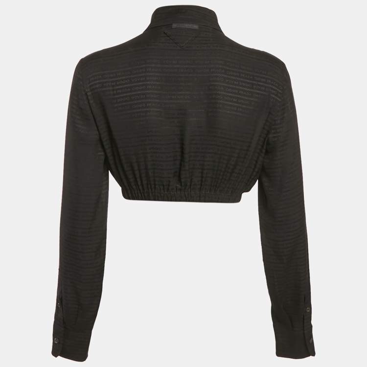 Pre Owned Prada Black Logo Crepe De Chine Silk Crop Shirt S